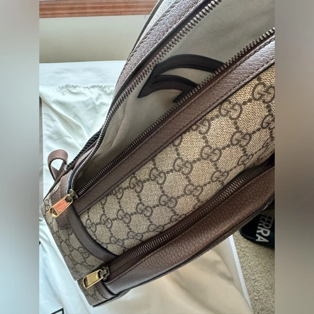 Gucci Beige GG Canvas Backpack with Brown Leather and Red/Green Web